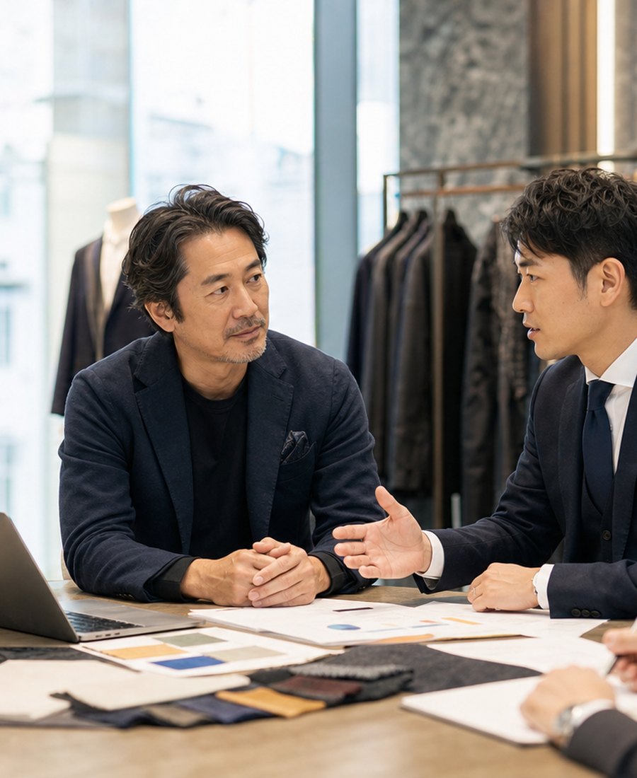 アパレル事業の譲渡相談を行う経営者とM&Aアドバイザーの打ち合わせ