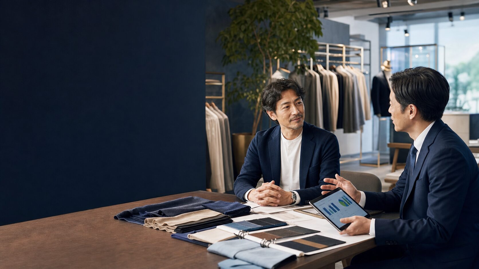 アパレル事業の譲渡相談を行う経営者とM&Aアドバイザーの打ち合わせ