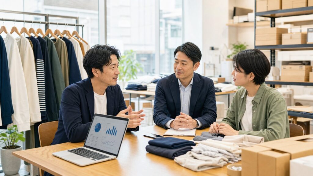 福岡のアパレルEC・D2CブランドのM&A相談風景。商品在庫と配送箱を見ながら承継を話し合う様子