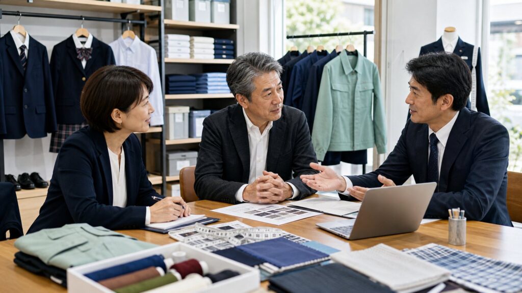 広島の制服・ユニフォーム販売会社のM&A相談風景。採寸会資料とサイズ在庫を確認する様子