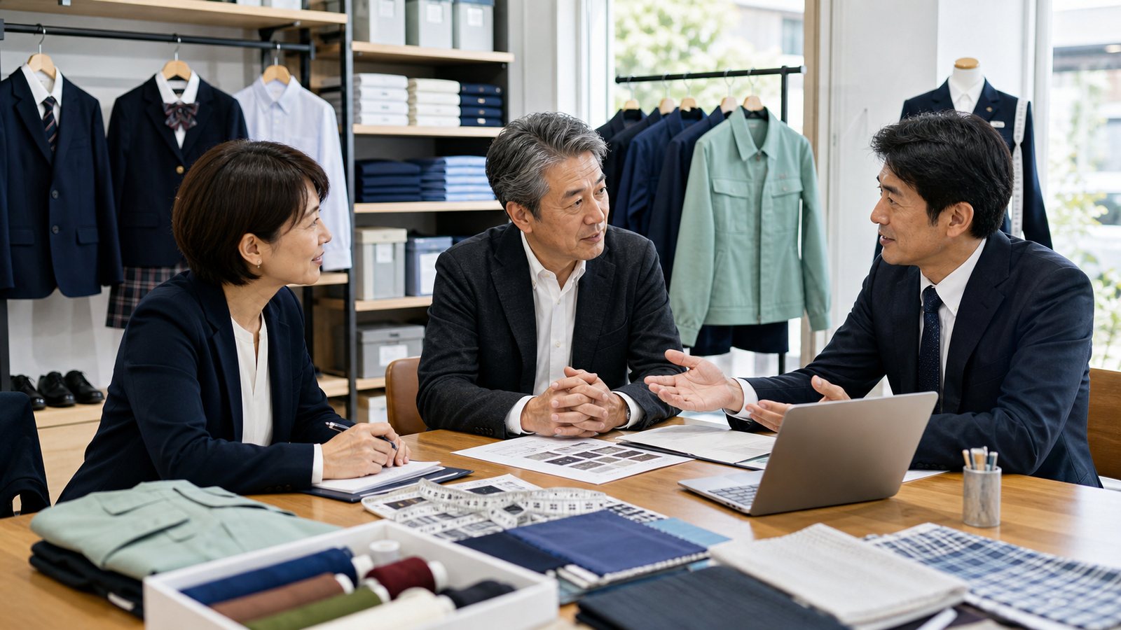 広島の制服・ユニフォーム販売会社のM&A相談風景。採寸会資料とサイズ在庫を確認する様子