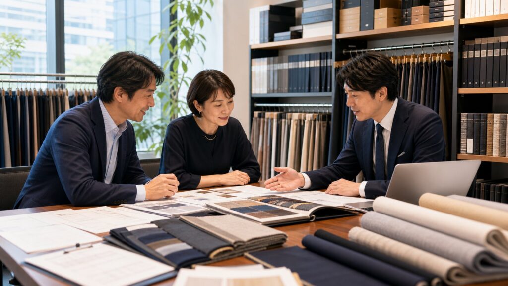 名古屋の繊維商社・テキスタイル会社のM&A相談風景。生地見本と反物を見ながら承継を話し合う様子