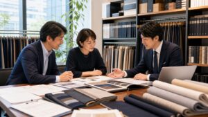 名古屋の繊維商社・テキスタイル会社のM&A相談風景。生地見本と反物を見ながら承継を話し合う様子