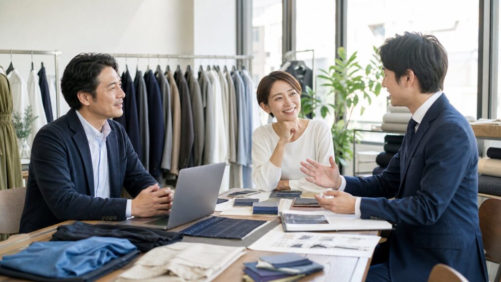 大阪のアパレル卸・OEM会社のM&A相談風景。ショールームで生地サンプルを見ながら承継を話し合う様子