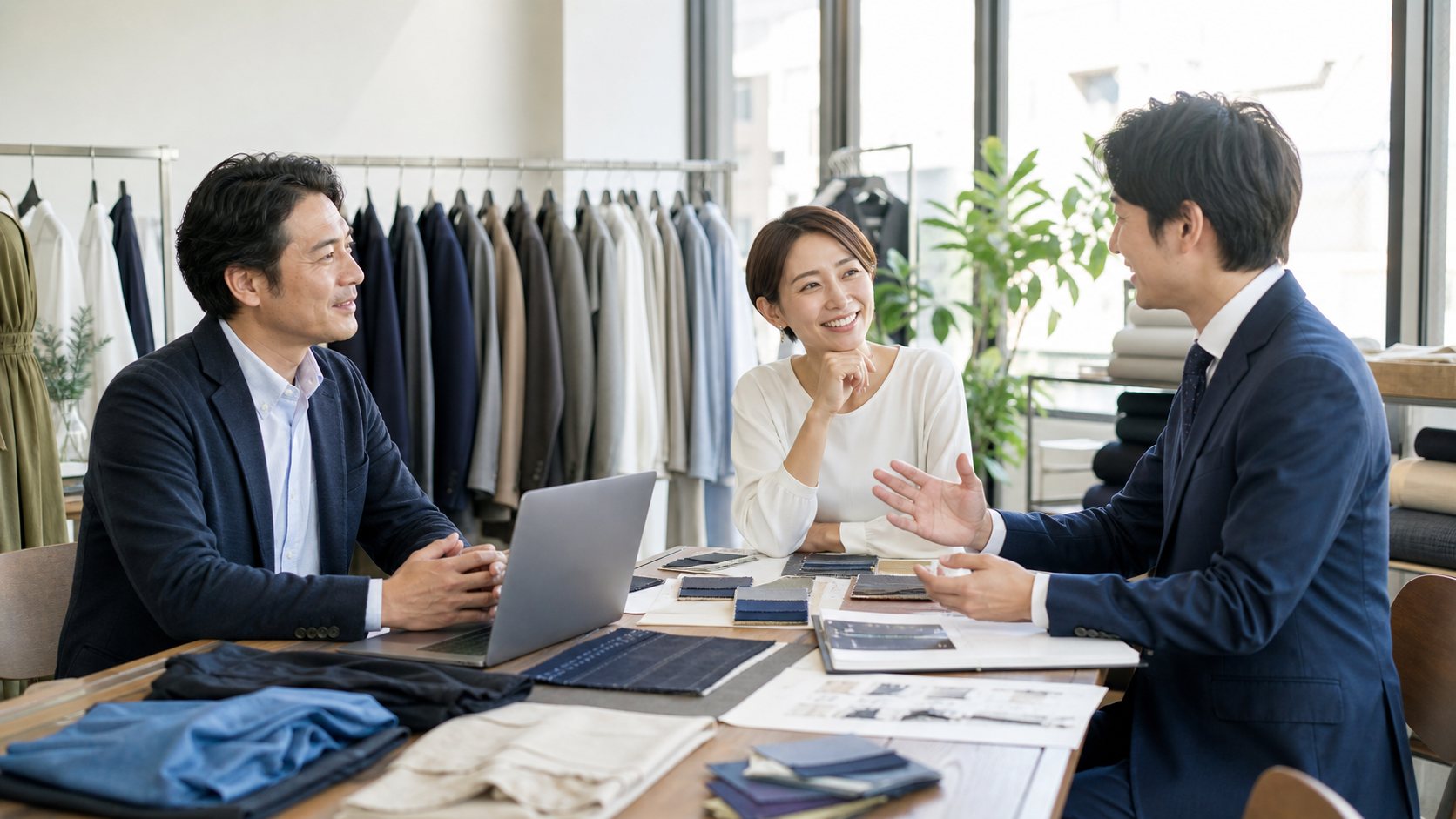 大阪のアパレル卸・OEM会社のM&A相談風景。ショールームで生地サンプルを見ながら承継を話し合う様子