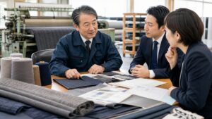 愛知・一宮の尾州ウール織物テキスタイル会社のM&A相談風景。生地見本、織機、産地分業承継を確認する様子