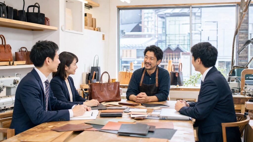 浅草・蔵前の革小物・バッグブランドのM&A相談風景。工房で職人と譲渡企業様が承継を話し合う様子
