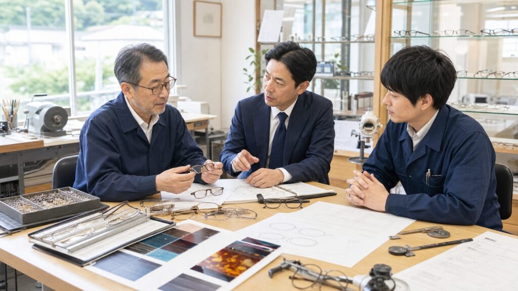 福井・鯖江の眼鏡フレームメーカーM&A相談風景。チタンフレーム、アセテート生地、精密工具、品質検査資料を確認する様子