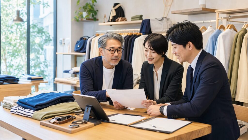 福岡・天神大名のセレクトショップM&A相談風景。店舗在庫、顧客管理、スタッフ承継を確認する様子