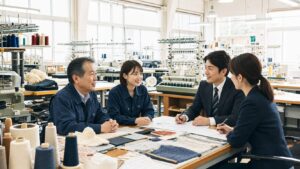 群馬・桐生のニット・織物・縫製工場のM&A相談風景。設備、職人技術、取引先承継を確認する様子