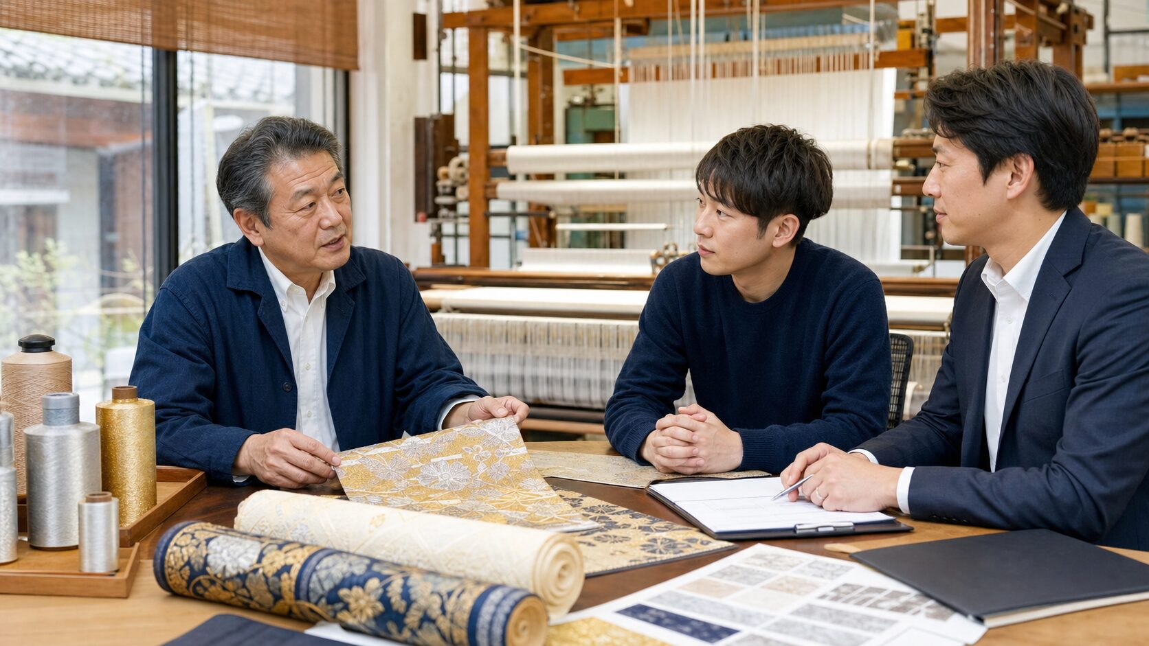 京都・西陣織の帯地テキスタイル会社M&A相談風景。織機、絹糸、金銀糸、意匠図案、事業承継資料を前に確認する様子