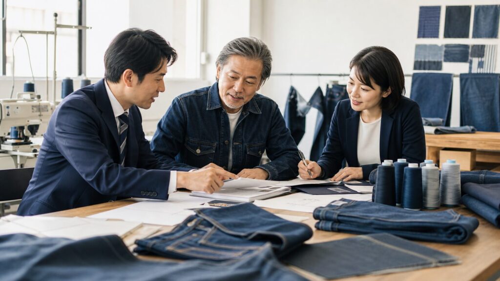 岡山・児島のデニム・ジーンズ縫製加工会社のM&A相談風景。縫製設備、洗い加工、産地取引承継を確認する様子