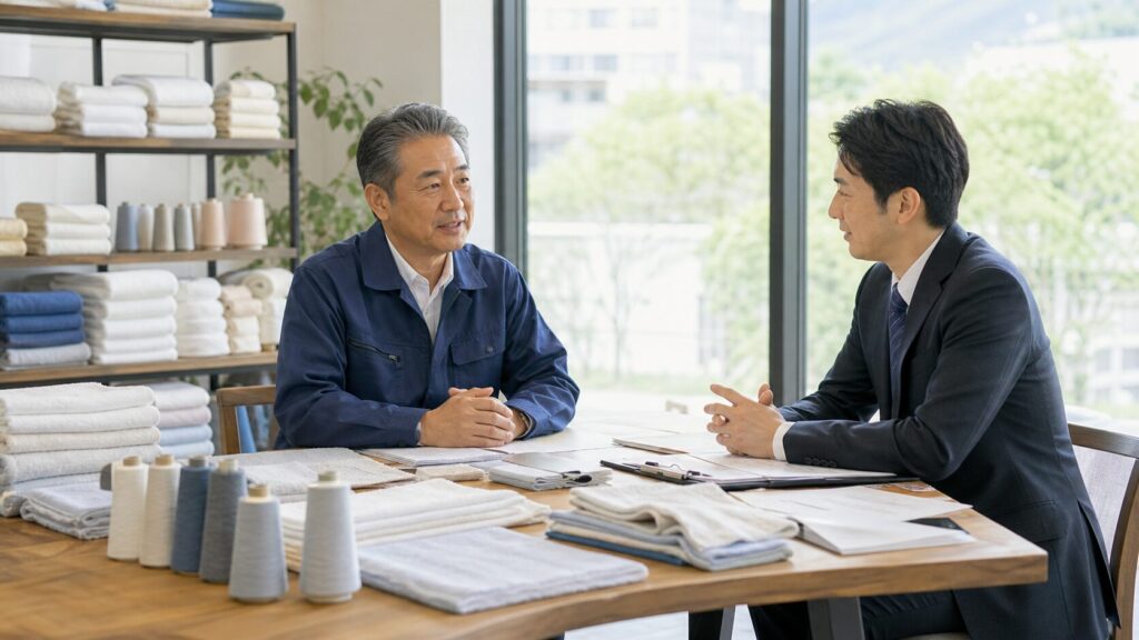 大阪・泉州タオルとホームテキスタイル会社のM&A相談風景。タオル見本、糸、品質資料を前に譲渡準備を確認する様子