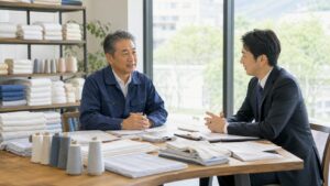 大阪・泉州タオルとホームテキスタイル会社のM&A相談風景。タオル見本、糸、品質資料を前に譲渡準備を確認する様子