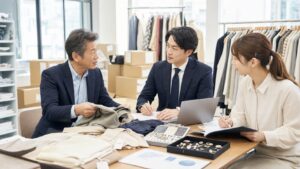 東京・馬喰町と日本橋横山町のアパレル問屋M&A相談風景。商品サンプル、SKU在庫、出荷箱、得意先資料を確認する様子